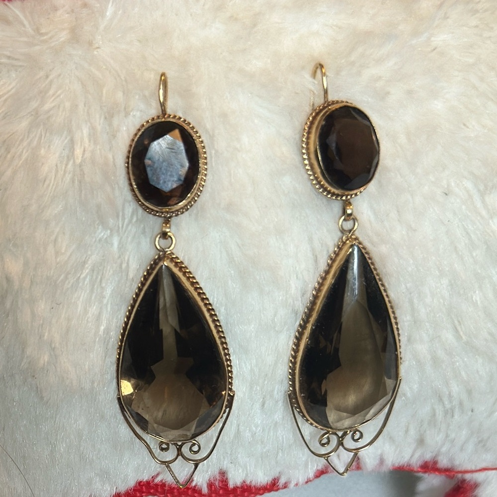 Vintage Brown topaz 14k gold drop pear shape earrings